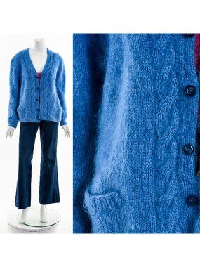 Blue Mohair Knit Cardigan Sweater